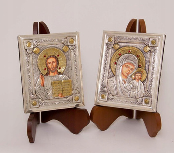 Zestaw ikon ślubnych: Srebrzona i złocona Ikona CHRYSTUSA PANTOKRATORA (Παντοκρατωρ), ręcznie malowana nr 121, oraz Srebrzona i złocona ikona Matki Bożej Kazańskiej nr 120