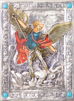 Ikona św. Michała Archanioła, ręcznie malowana, srebrzona i złocona nr 104P