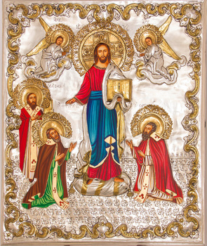 Ikona Chrystusa przyjmującego trzech Wielkich Biskupów: św.Grzegorza z Nazjanzu, św. Bazylego Wielkiego i św. Atanazego,ręcznie malowana, nr 34P
