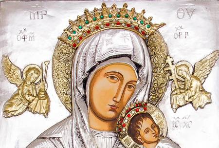 Ikona Koronowanej Matki Bożej Nieustającej Pomocy, ręcznie malowana, srebrzona i złocona nr 63 